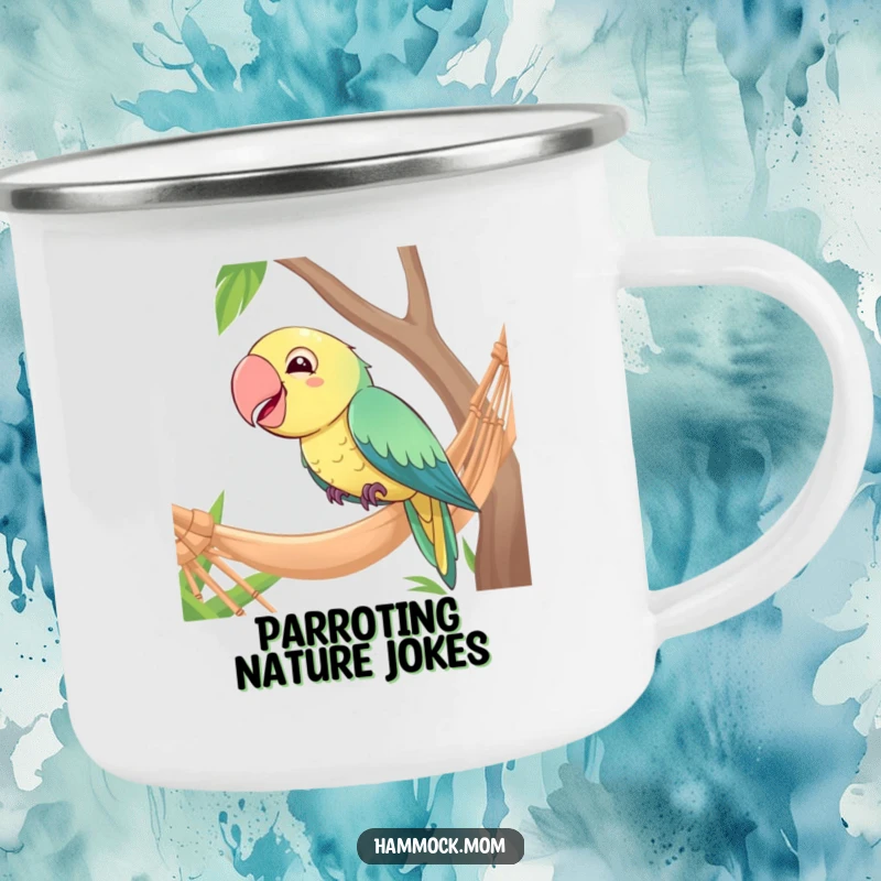 Funny camping mug with a giggling parrot perched on the edge of a hammock, perfect for outdoor amusement.