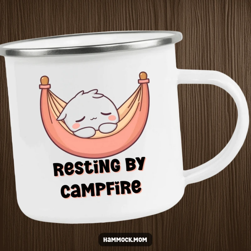 Funny camping mug featuring a kawaii hammock character peacefully asleep, perfect for enjoying hot beverages outdoors.