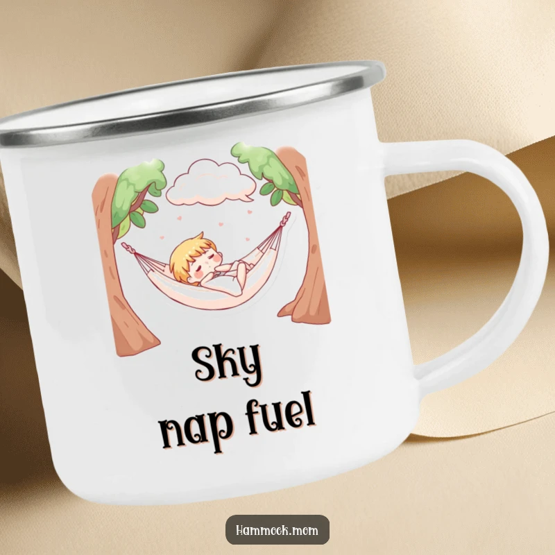 Funny camping mug showing a character napping in a hammock with soft, fluffy clouds above, perfect for dreamy outdoor drinks.