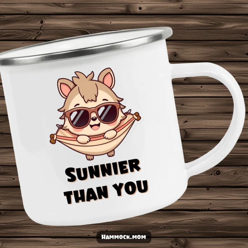 Funny camping mug depicting a smiling animal wearing sunglasses, perfect for adventures and adding a cool, humorous vibe.