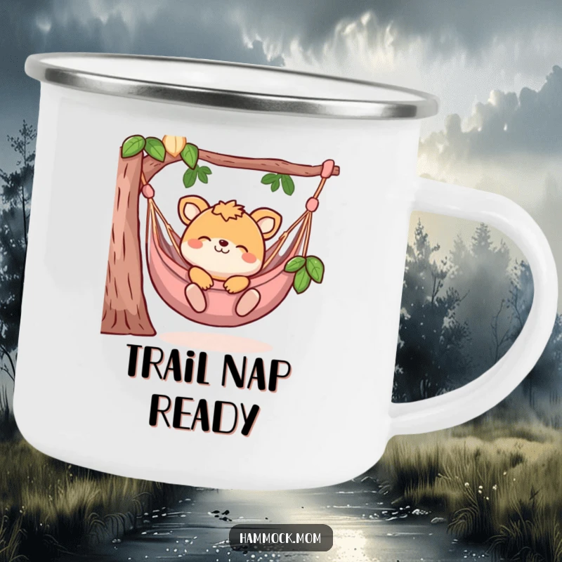 Funny camping mug showing an animal character blissfully lounging in a hammock, ideal for enjoying drinks during outdoor adventures.