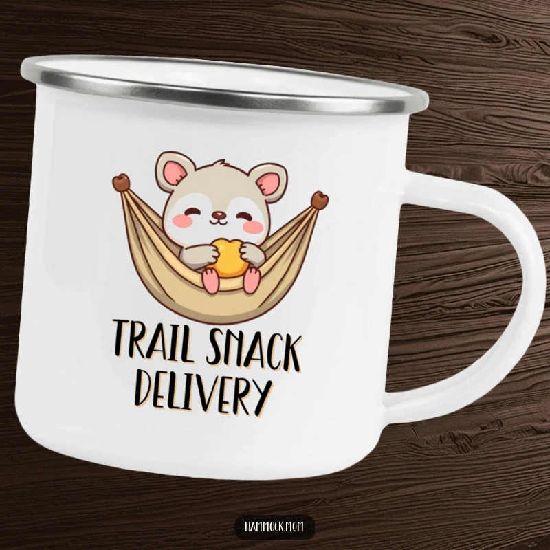 Funny Kawaii Animal Camping Mug: Durable mug with a creature offering fruit while lounging, ideal for enjoying snacks with humor.