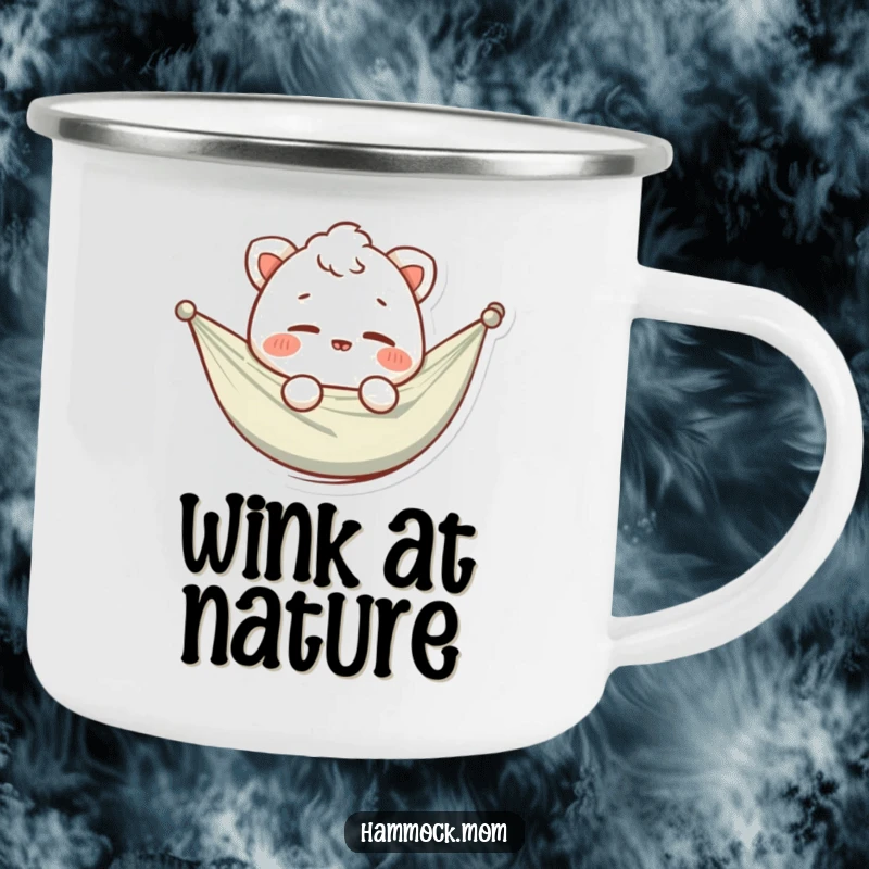Funny camping mug with a rugged design and a relaxed hammock animal character giving a playful wink, built for adventure and humor.
