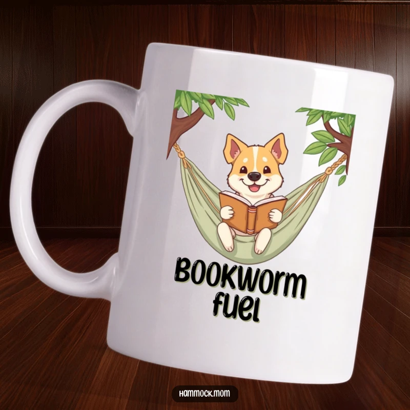 Funny dog mug featuring a dog smirking playfully while reading a book in a hammock, embodying witty relaxation.