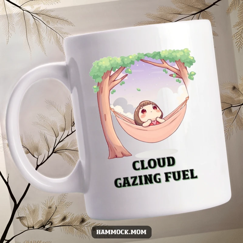 Funny mug showing a character blissfully looking up at the sky while comfortably nestled in a hammock.
