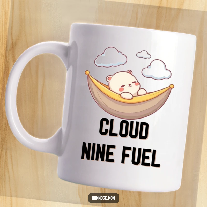 Funny Kawaii Animal Mug: Creature in a hammock gazes peacefully at floating clouds, radiating calm and gentle humor.
