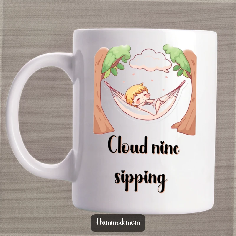 Funny mug showing a character napping in a hammock with soft, fluffy clouds above, symbolizing peaceful slumber.
