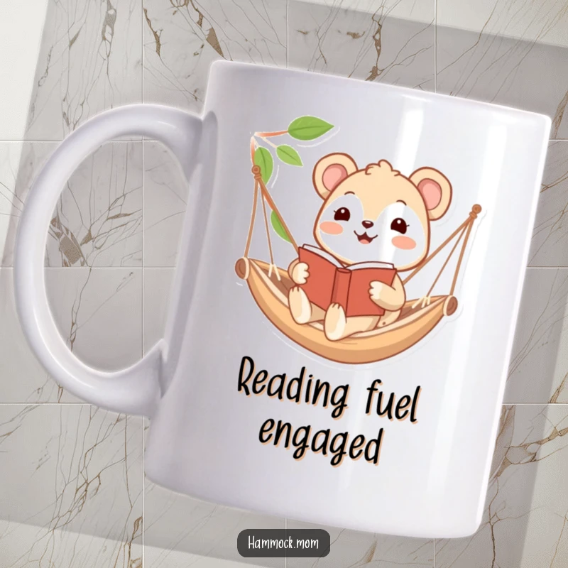 Funny mug showcasing a happy animal character gently swaying in a hammock while engrossed in a book, promoting cozy reading vibes.