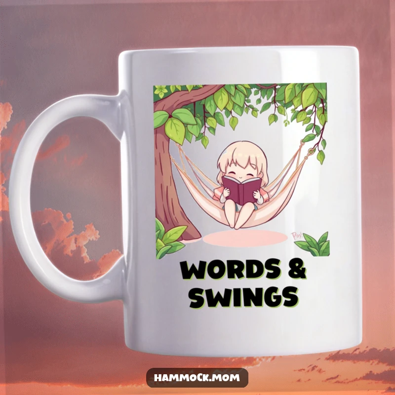 Funny mug depicting a character engrossed in a book while relaxing in a hammock, celebrating reading and leisure humorously.