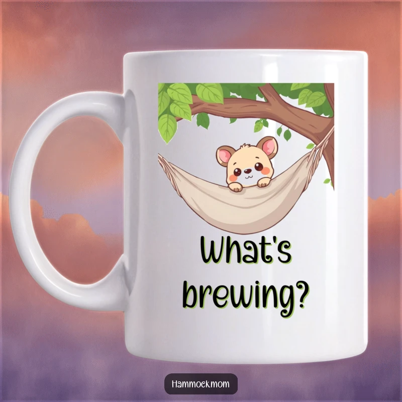 Funny mug showing a curious animal character peeking over the edge of a hammock with intrigue, perfect for the observant.