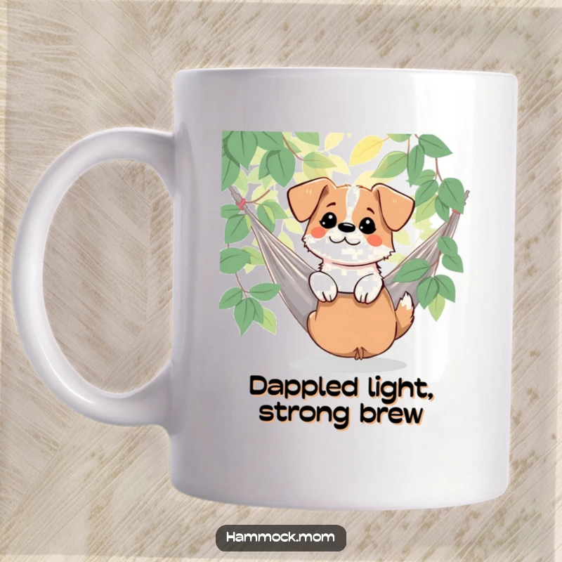 Funny dog watching dappled sunlight filter through leaves by its hammock, printed on a mug, capturing nature's peace, a great funny gift.
