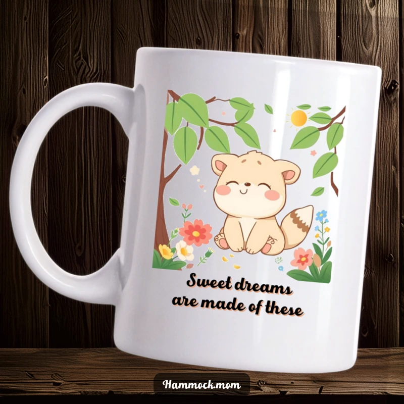 Funny Mug featuring a delighted animal character sweetly dreaming with a smile amidst peaceful nature, a truly joyful and humorous gift.