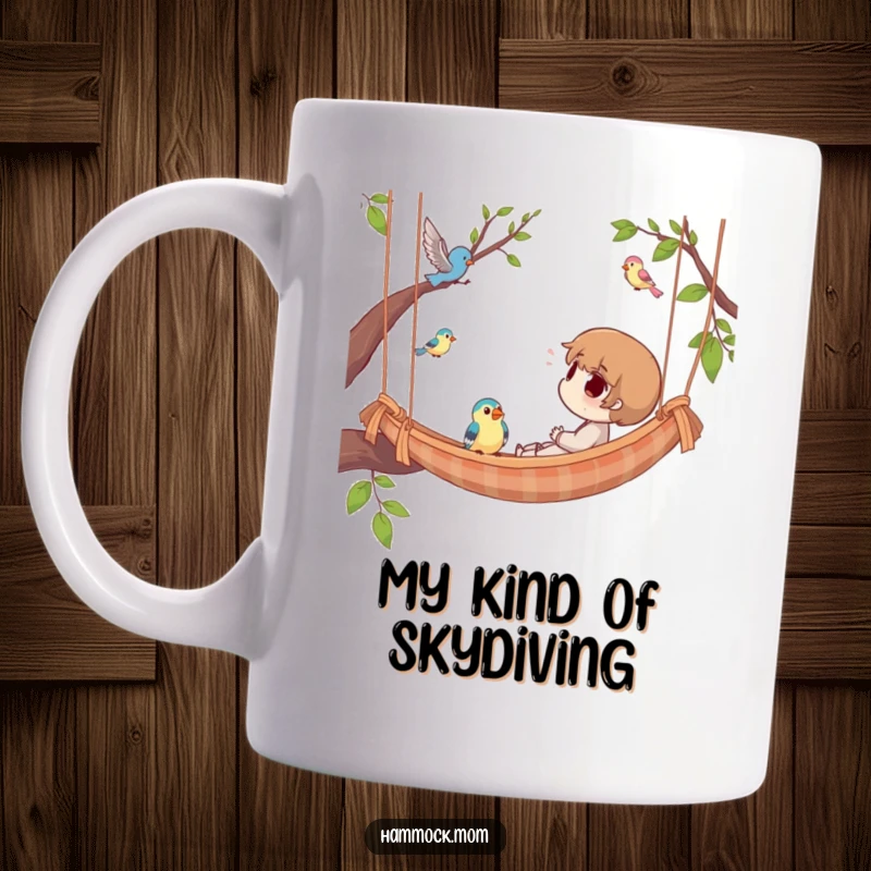Funny Mug featuring a relaxed character lounging in a suspended hammock, peacefully watching birds fly by in the sky.
