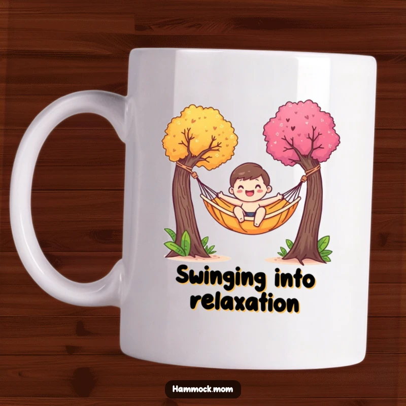Funny mug featuring a happy hammock character gently swaying between two colorful trees, embodying peace and total relaxation.