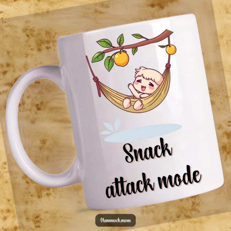 Funny mug showing a character reaching out from a hammock towards a tempting dangling fruit, embodying lazy joy.