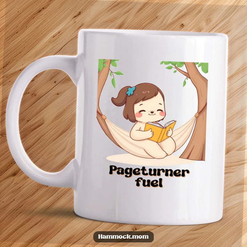 Funny Mug featuring a mom animal peacefully reading a book in a hammock, embodying quiet joy.