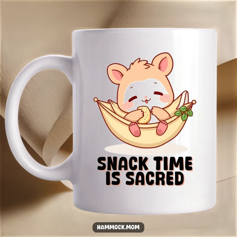 Funny Hammock Mom Animal Mug: A cute cartoon mom animal lounging in a hammock, happily munching on a snack, conveying pure relaxation.