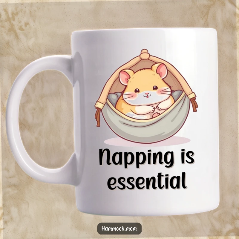 Funny mug featuring a delightful hamster comfortably napping in a tiny, cozy hammock, radiating ultimate relaxation.