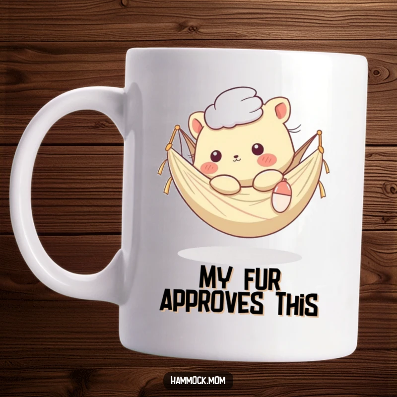 Funny Kawaii Animal Mug: Lounging in a hammock, fur gently rustled by a breeze, radiating peaceful joy.