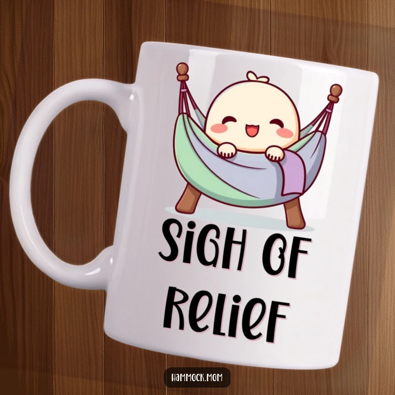 Funny mug showing a kawaii hammock character letting out a happy sigh, embodying ultimate ease and contentment.