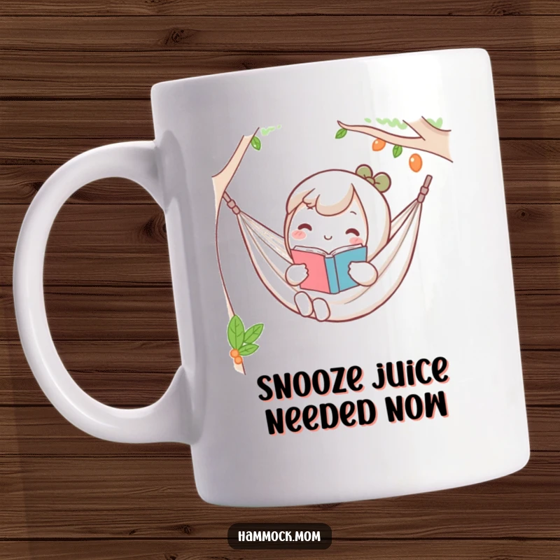Funny Kawaii hammock character mug, holding a book and looking utterly relaxed in a peaceful setting.