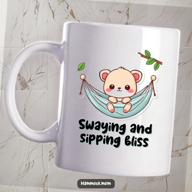 Funny Kawaii Hammock Animal Mug shows a cute character gently swaying, a relaxing and humorous gift.