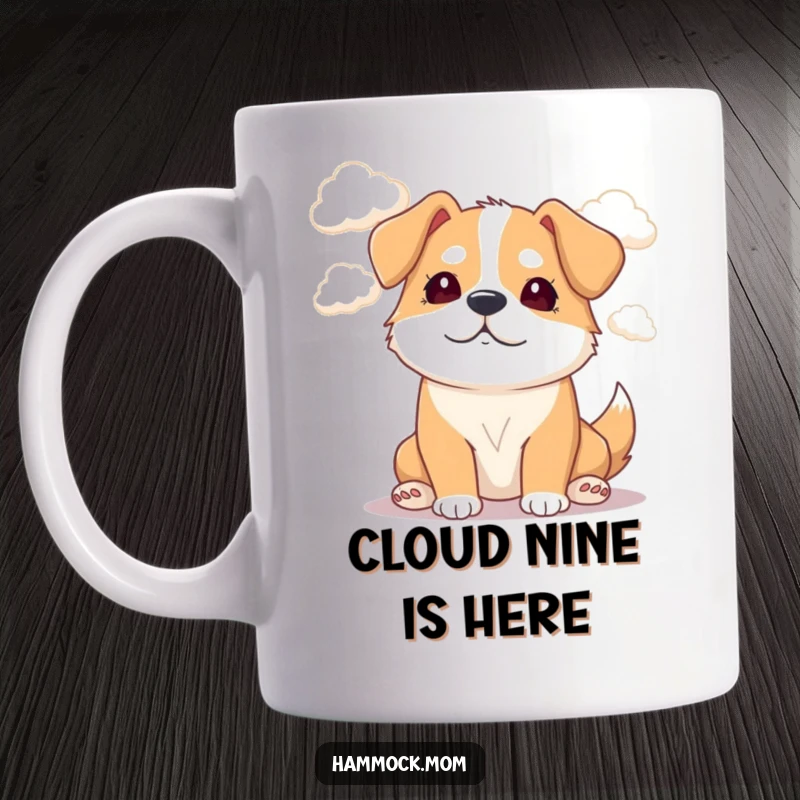 Funny Mama Dog Mug: A dreamy dog watches fluffy white clouds drift by, evoking a sense of peaceful humor and relaxation.