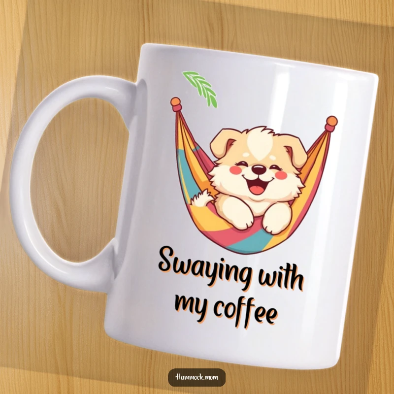 Funny mama dog mug showcasing a fluffy mama dog with a wide smile, contentedly swaying in a colorful hammock, embodying pure relaxation.