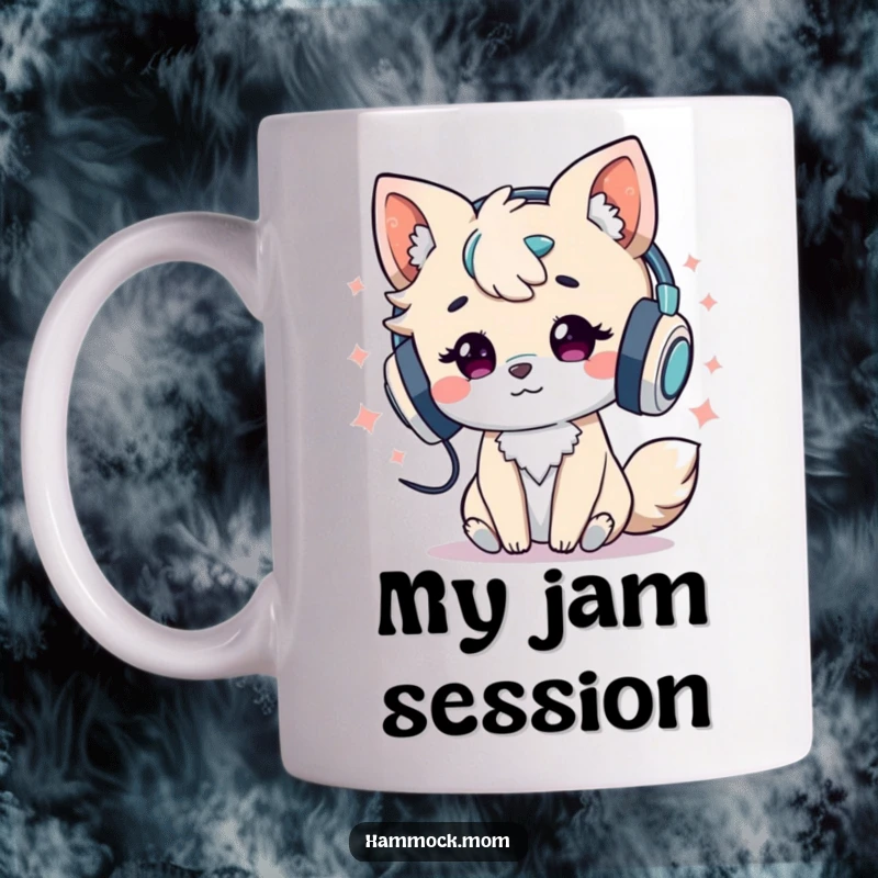 Funny Mug: Energetic animal character enthusiastically listening to music with headphones, showing pure joy and a love for rhythm.
