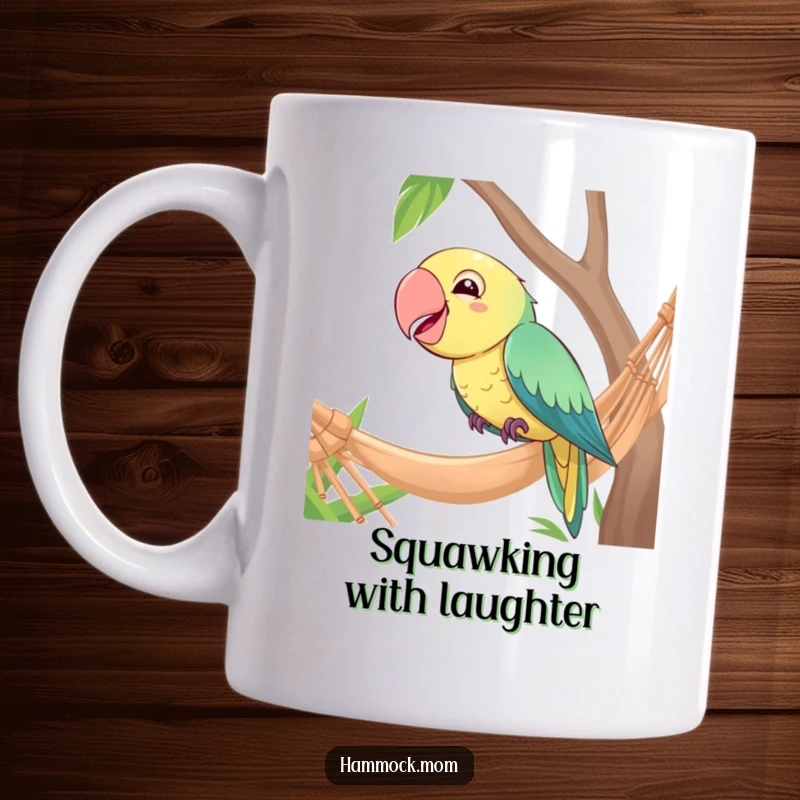 Funny mug featuring a giggling parrot perched amusingly at the edge of a hammock, sharing a joke.
