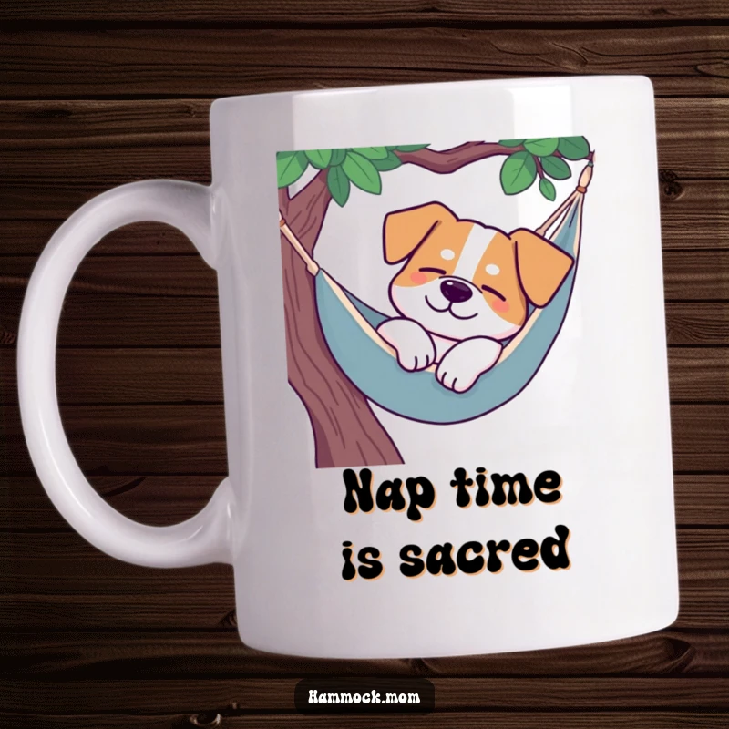 Funny dog napping in a hammock mug, a peaceful canine with a subtle smile.