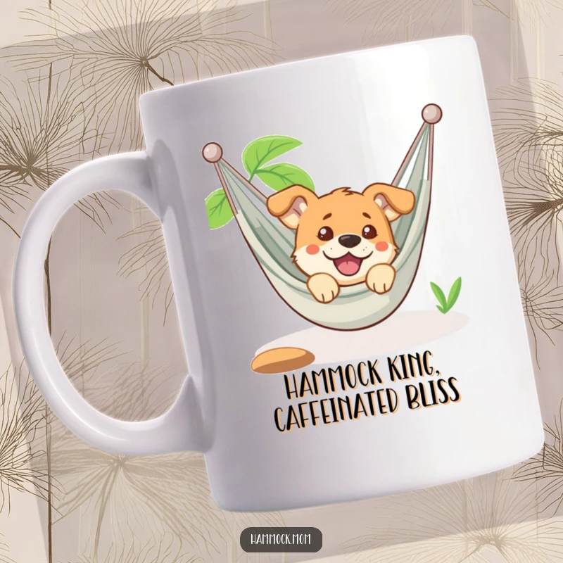 Funny dog peeking out of a hammock, looking utterly relaxed and amused, printed on a ceramic mug for a perfect gift.