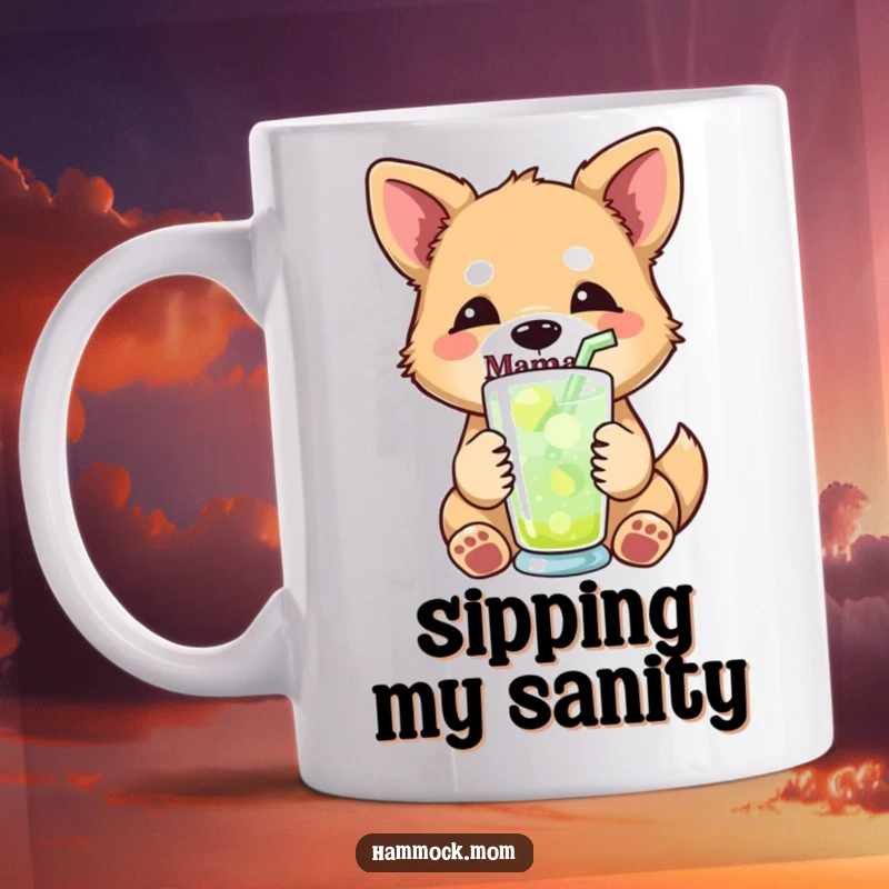 Funny mama dog mug showing a mama dog with a relaxed expression, holding a colorful drink with a straw, embodying cool refreshment.