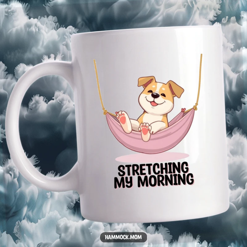 Funny dog mug depicting a dog lazily stretching its paws while relaxing in a cozy hammock, embodying pure comfort.