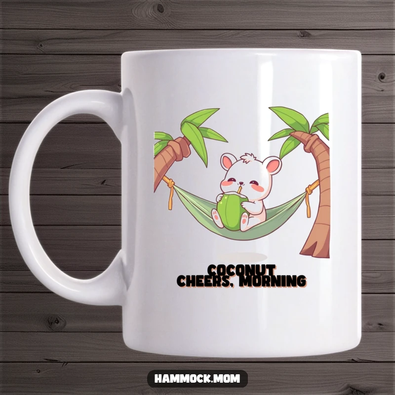 Funny Tropical Animal Mug shows a character joyfully drinking coconut water, a fun vacation gift.