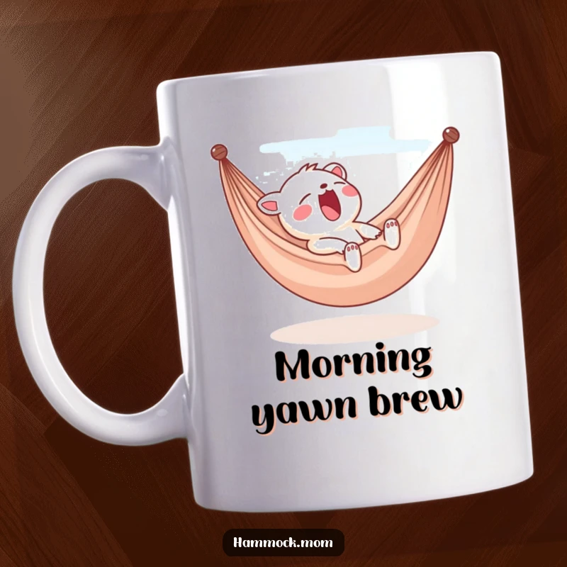 Funny yawning animal character in hammock mug, sleepy and content expression, relaxed vibes, perfect gift for relaxation lovers.