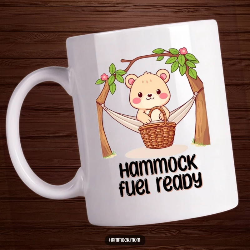 Funny Mug: Content animal character lounging in a hammock with a picnic basket conveniently placed at its base, embodying pure relaxation.