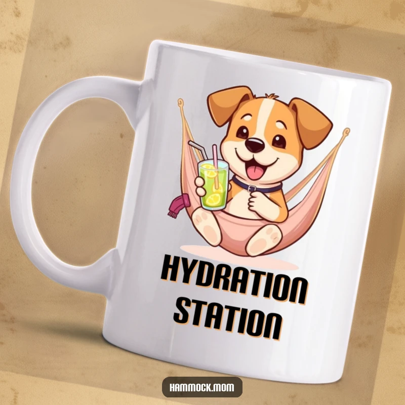 Funny dog mug depicting a happy dog lounging in a hammock, holding a refreshing drink, embodying perfect relaxation.
