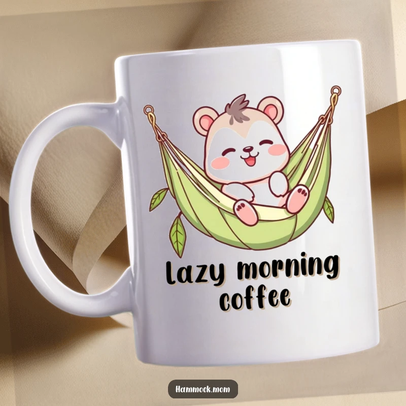 Funny waving animal character in hammock mug, lazy and relaxed pose, cozy resting spot, perfect gift for chill lovers.