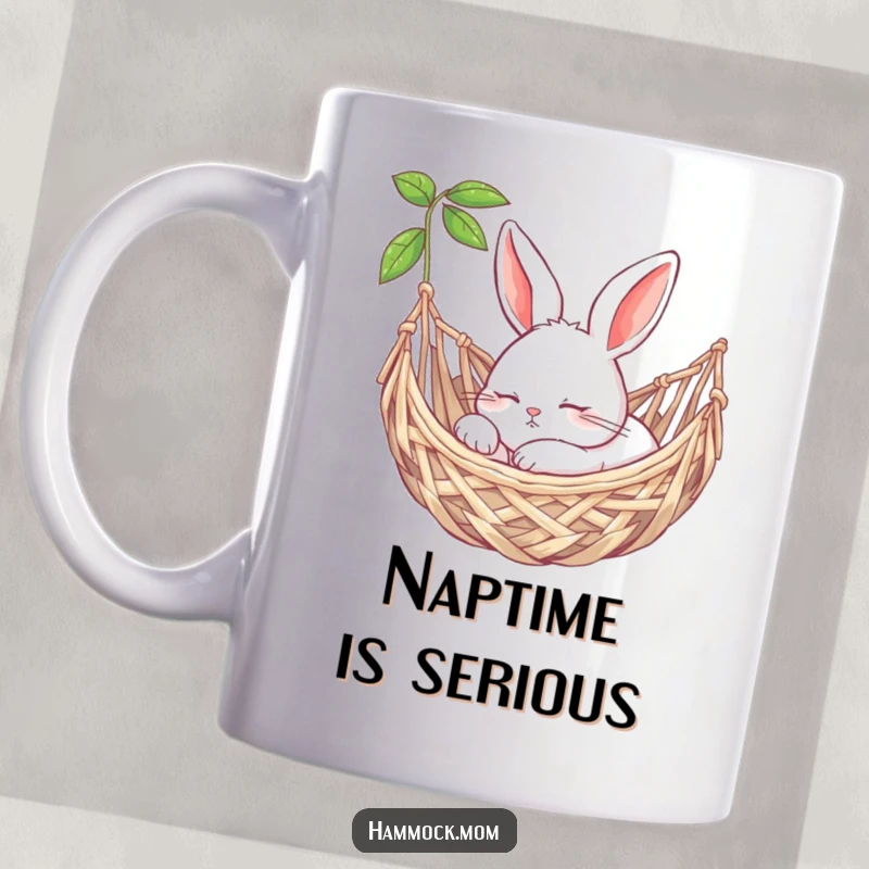 Funny bunny peacefully snoozing in a woven hammock on a mug, radiating tranquility and gentle humor.