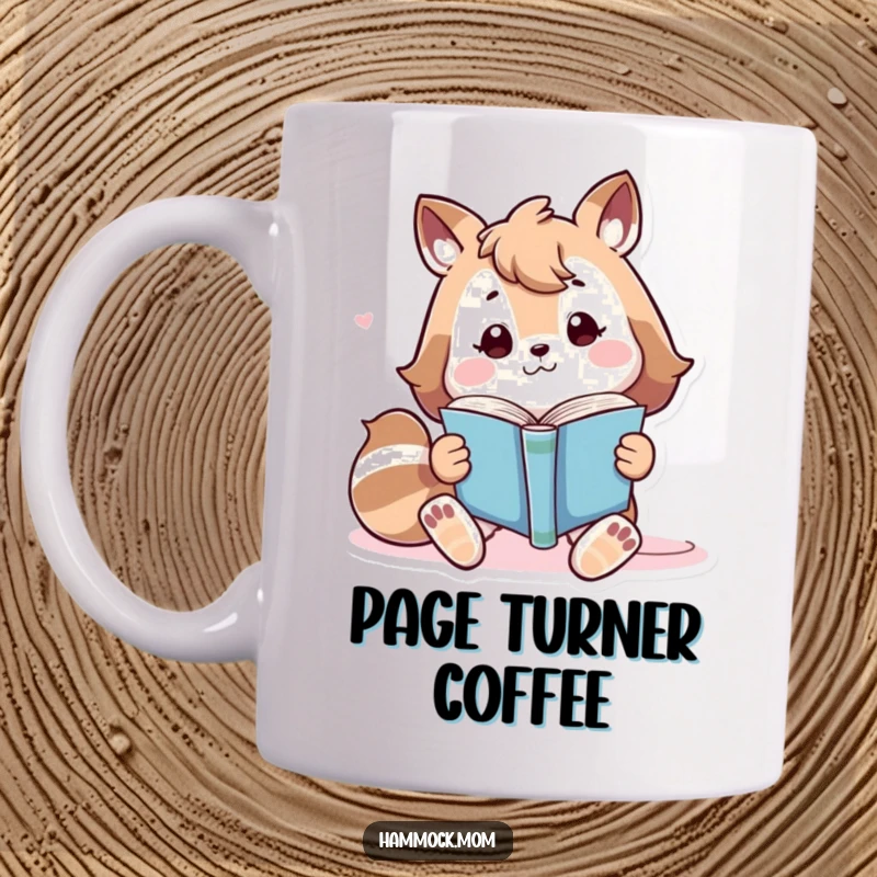 Funny playful animal character lounging and engrossed in reading a book, cozy and humorous mug.