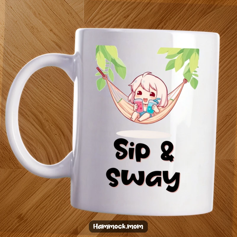 Funny mug showing a happy character holding a cool drink while relaxing in a hammock, embodying refreshment and leisure humorously.