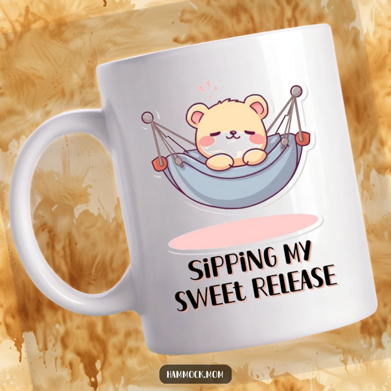 Funny Kawaii Hammock Animal Mug: A cute creature in a miniature hammock, exhaling a happy sigh, embodying ultimate relaxation.