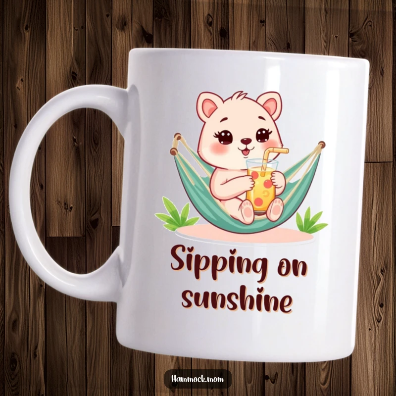 Funny Mug featuring a mom animal enjoying a refreshing drink with a straw while relaxing in a hammock.