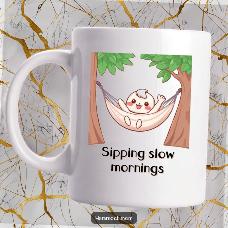 Funny Mug: A cute kawaii character happily waves from a hammock, embodying ultimate relaxation and joy.