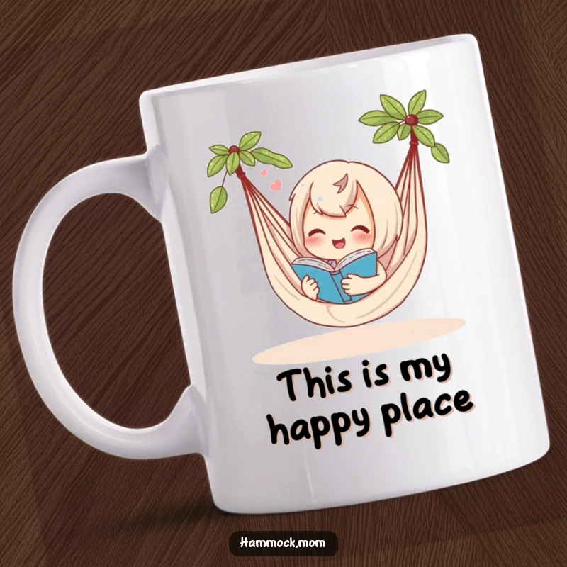 Funny mug showing a happy hammock character deeply engrossed in reading a book, sighing contently, embodying pure relaxation and humor.