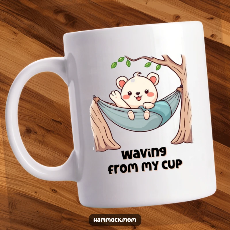 Funny Kawaii Hammock Animal Mug Giving a Cheerful Wave from Cozy Hammock, Relaxed and Happy Greeting.