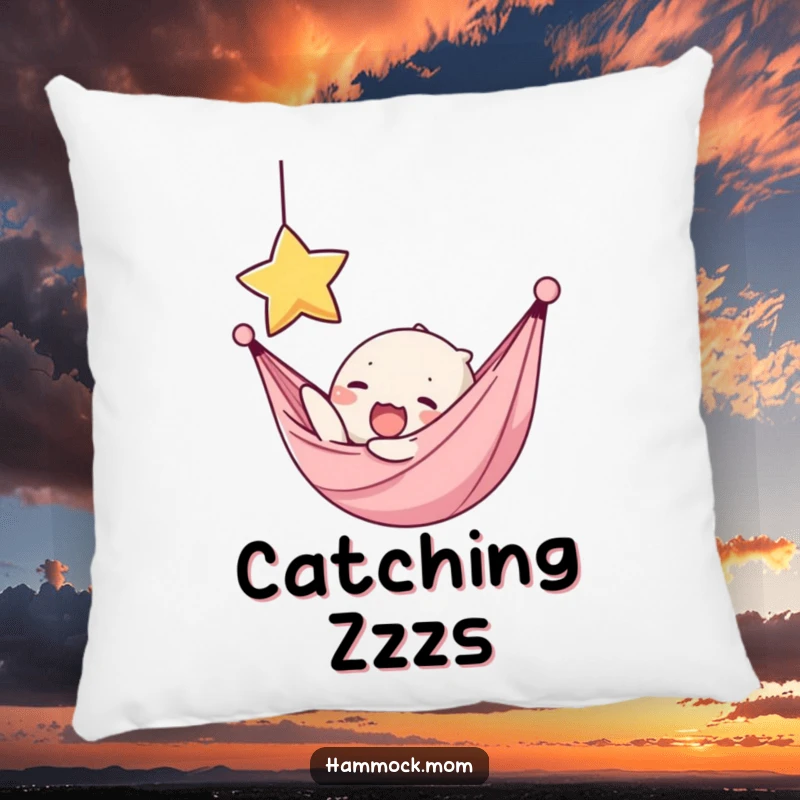 Funny pillow featuring a kawaii hammock character yawning and reaching for a star, providing soft, comfortable, and inspiring decor.