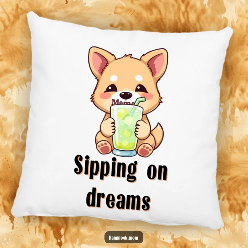 Funny mama dog pillow featuring a mama dog with a relaxed expression, holding a refreshing drink with a straw, adding comfort and humor.