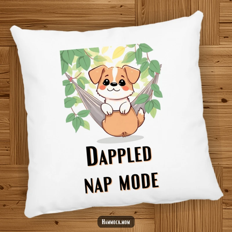 Funny dog enjoying dappled sunlight by a hammock on a pillow, bringing nature's calm and humor, an ideal funny gift.